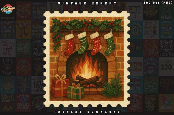 Download Retro Christmas Stamp Cozy Fireplace PNG - Premium Bundle